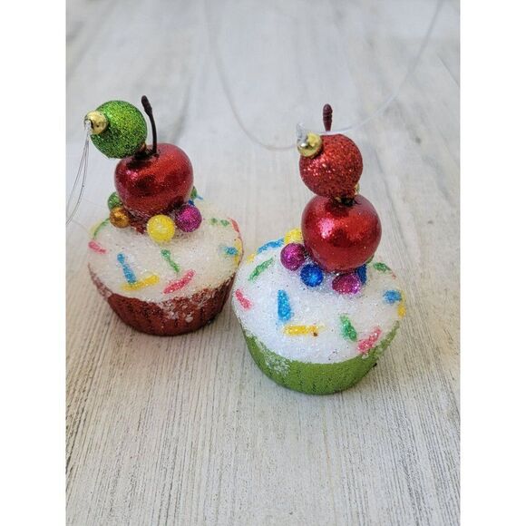Glitter Sparkle Cherry cupcake bakery set ornament Xmas decor - Picture 5 of 7